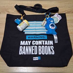 Black Move On Tote Bag with Warning Print: "May Contain Banned Books" and Charms
